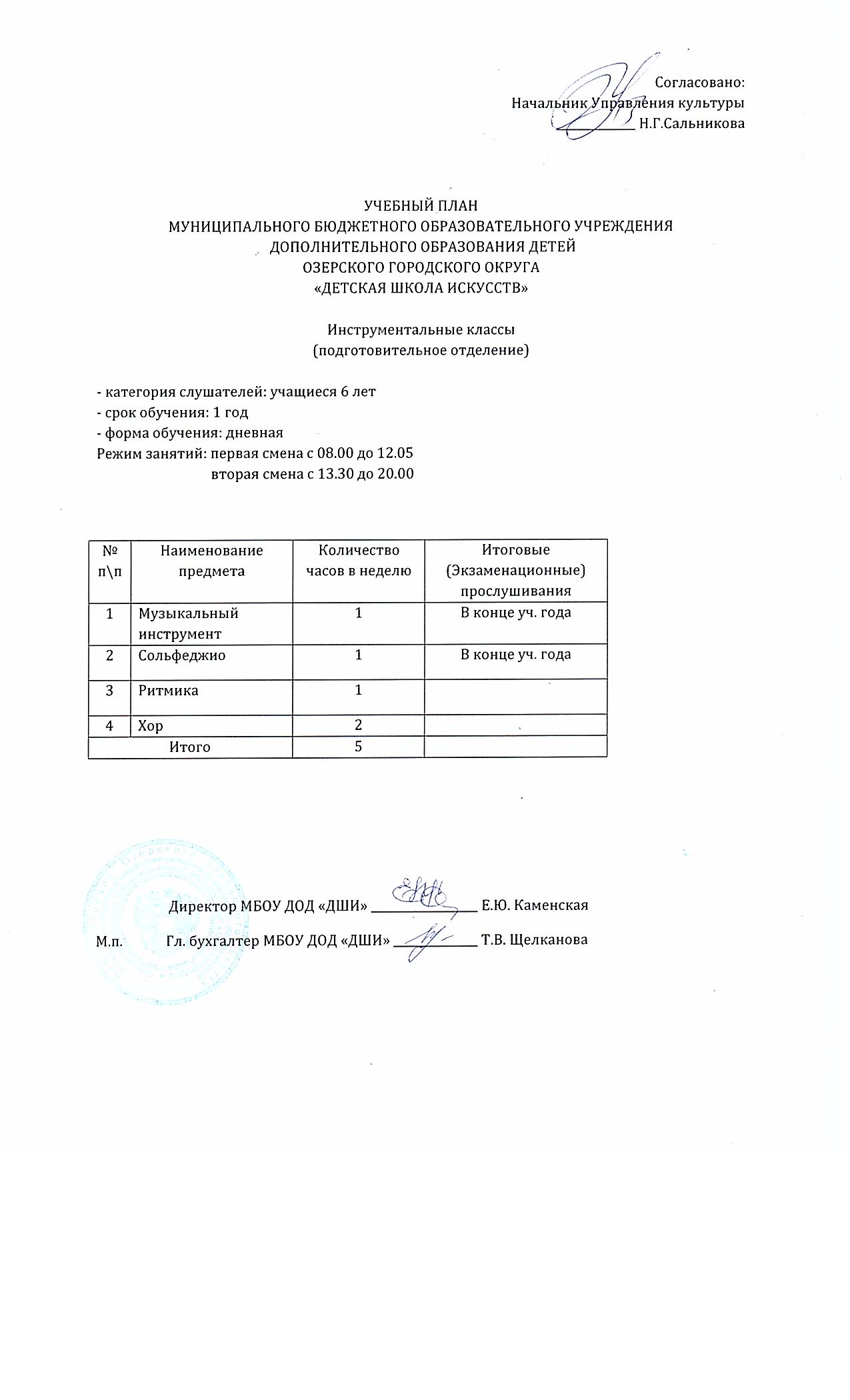 Учебные планы инструментальные классы (подготовительное отделение) 