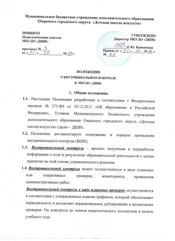 Положение о внутришкольном контроле